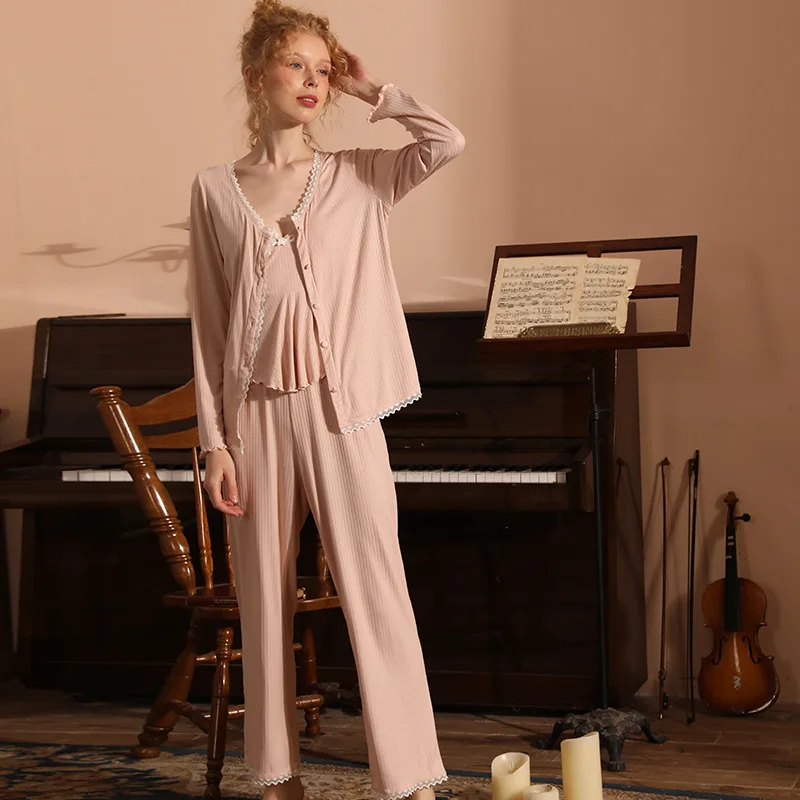 Women's Comfortable Soft Knitted Cotton with Chest Pad Sling Cardigan Three Piece Pajama Sets Comfort Sleepwear Pajamas