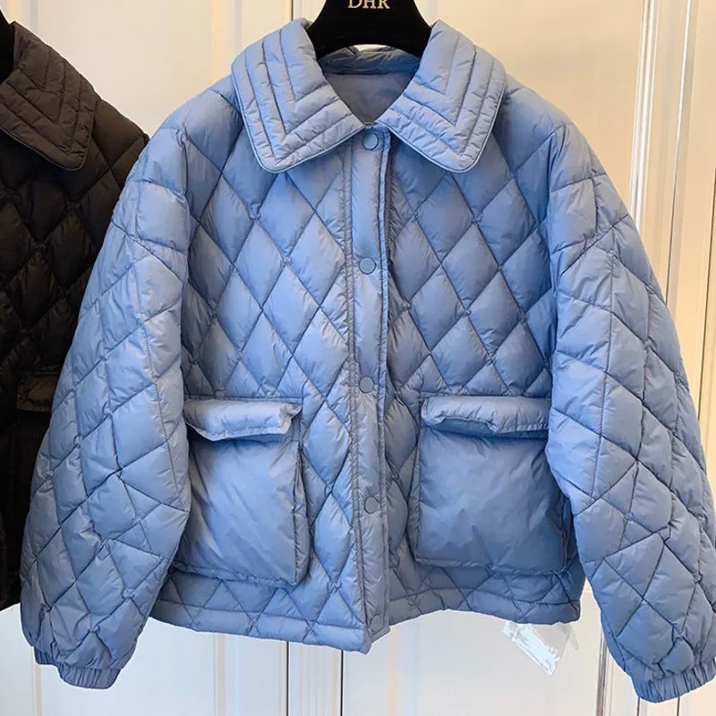 Winter Jacket Women Lapel Diamond Lattice Light And Thin Short 2023 Thickened Warm Korean Fashionable Internet Celebrity Coat