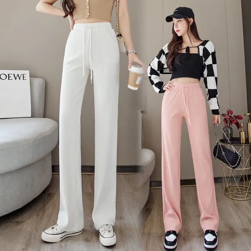 

Женские трикотажные брюки с широкими штанинами, повседневные однотонные свободные брюки с высокой талией, модель T55 на лето, 2022