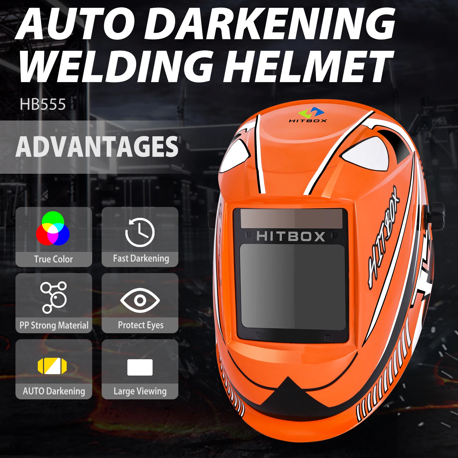 

HITBOX Welding Helmet ​Auto Darkening Large Viewing Screen Hood Solar Lithium 4 Arc Sensor TIG MIG Arc Grinding Welder Mask