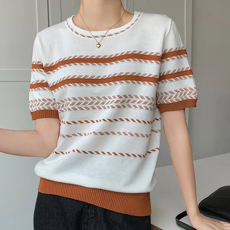 

Полосатая футболка с коротким рукавом, женская трикотажная футболка с круглым вырезом, женские топы 2022, летняя Корейская одежда, повседневн...