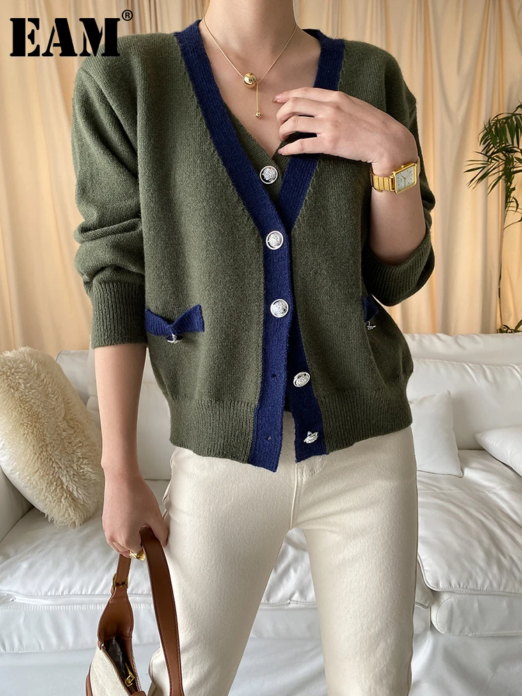 EAM] Green Color-block Big Size Knitting Cardigan Sweater V-Neck Long  Sleeve Women New Fashion Tide Autumn Winter 2022 1DF2718 | АлиЭкспресс