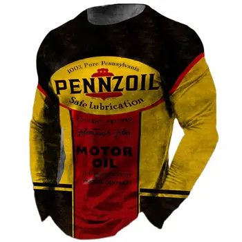 Vintage Men's T Shirt Long Sleeve Cotton Top Tees Castrol Oil Graphic 3D Print Motorcycle T-shirt Oversized Loose Biker Clothing 4