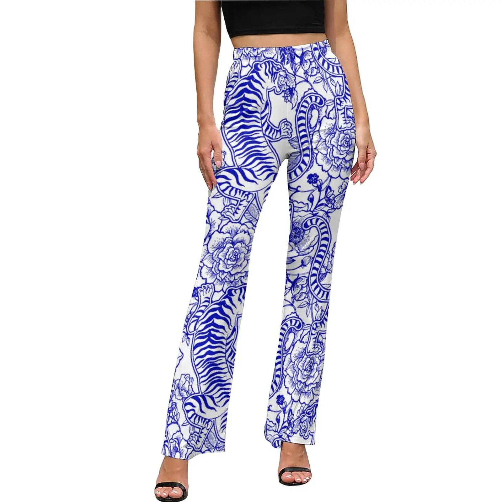 

Retro Tiger Casual Pants Summer Blue Floral Print Elegant Print Flare Trousers High Waisted Slim Fit Stretch Street Wear Pants