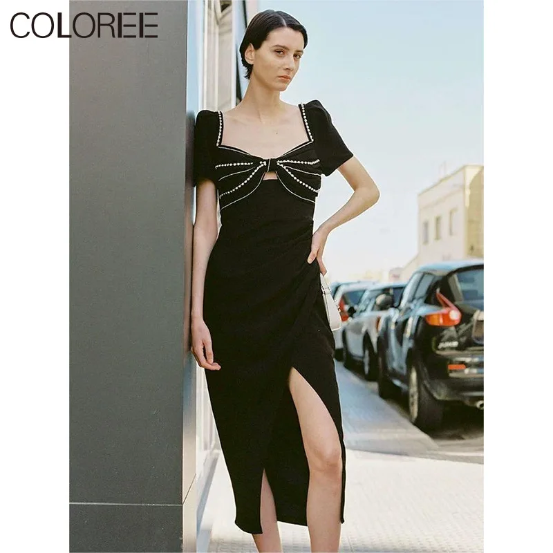 

Runway Designers Luxury Diamonds Beading Summer Dress 2023 Women Elegant Short Sleeve Midi Dresses Black Vestido Feminino