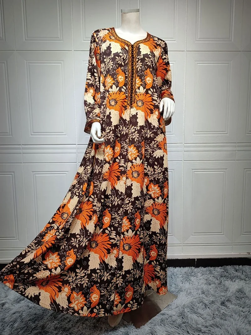 Floral Printed Jalabiya Arabic Long Dress Women Braided Trim Ethnic Moroccan Lose Caftan Muslim Islam Dubai Abaya Summer Orange