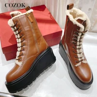 High Quality Autumn Winter All-Match Series Thick Sole Women's Fur Boots Cowhide Wool Lace-Up Side Zipper Design Short Boots