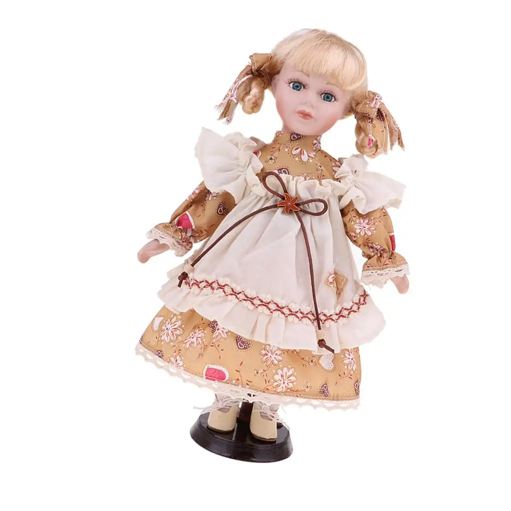 30cm Porcelain Doll Girl Standing Figures with Wooden Stand Kids Adult Collections