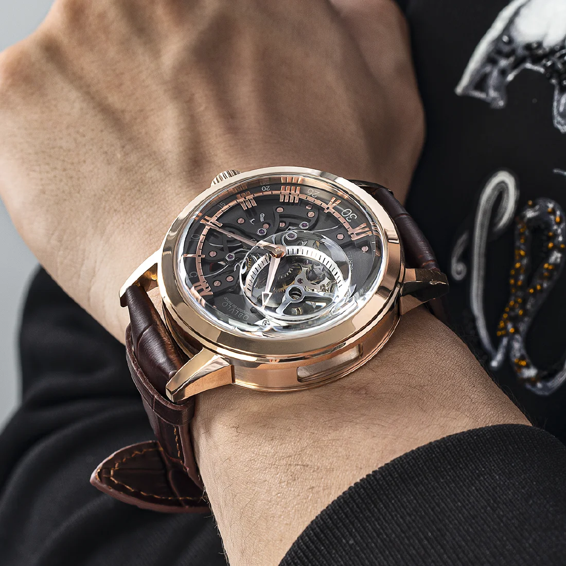 

OBLVLO Retro Casual Men Skeleton Automatic Watches Mechanical Calfskin Strap Mineral Crystal Glass Waterproof Clock Dial 45mm VM