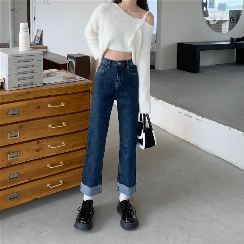 

DD2096 Jeans Women's New Design High Waist Thin Curling Versatile Wide Leg Pants Jeans