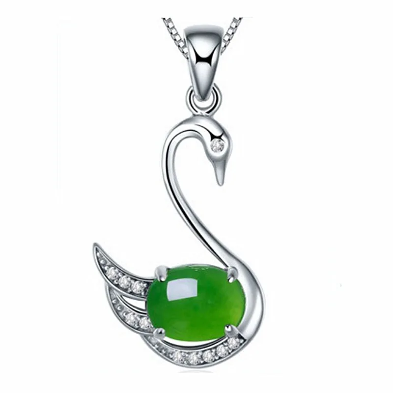 Зеленый Натуральный нефритовый Лебедь Подвеска Ожерелье камень 925 Серебро