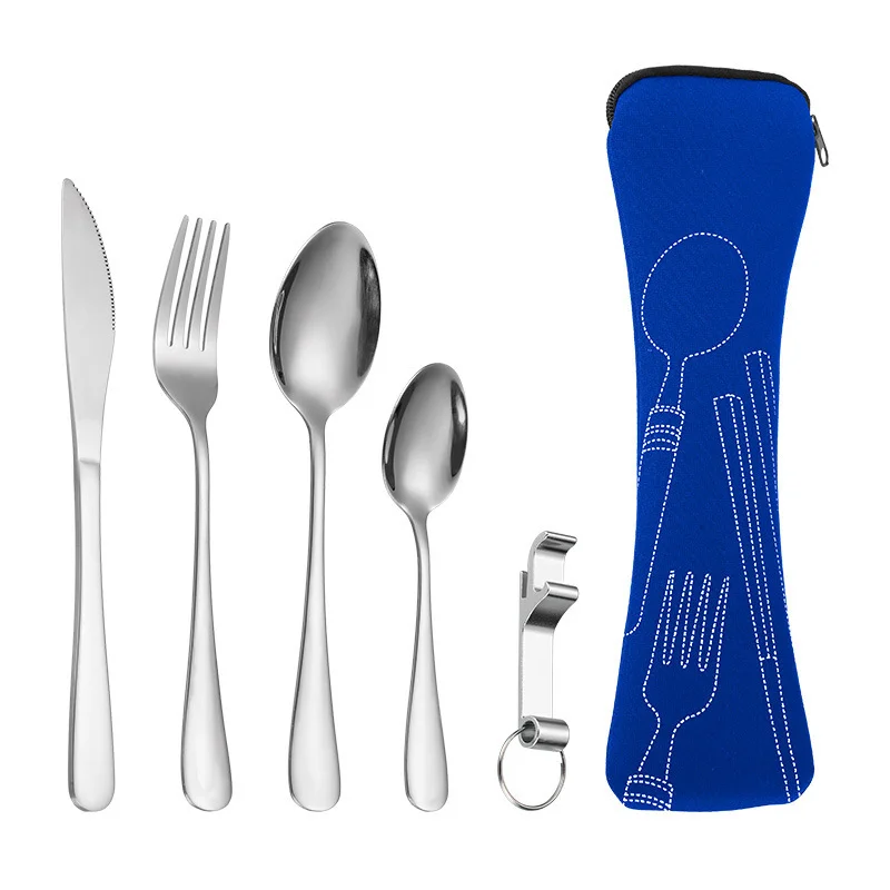 Cutlery Set 4Pcs/set Steel Knife Fork Spoon Family Travel Cutlery Portable Dinnerware With Storage Bag Picnic Cutlery Tableware images - 6