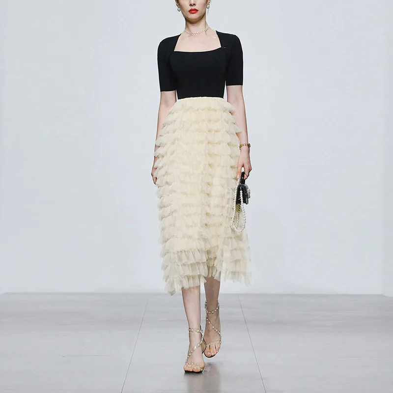 

Summer Korean Fashion Clothing 2022 Elegant Ruffles Knitted Short Sleeve Mesh Patchwork Pleated Long Dresses for Women