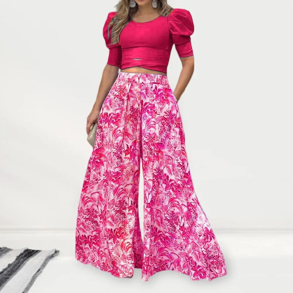 

Pockets 2 Pcs/Set Stylish Print O Neck Summer Top Pants Suit Loose Top Pants Suit Pullover Daily Clothes