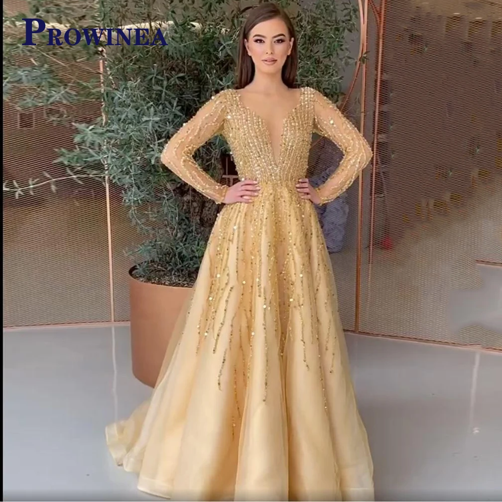

Prowinea Exquisite Sequined Evening Gowns Tulle Pleat For Women Full Sleeve Charming Custom Made Vestido De Fiest Zipper A-Line