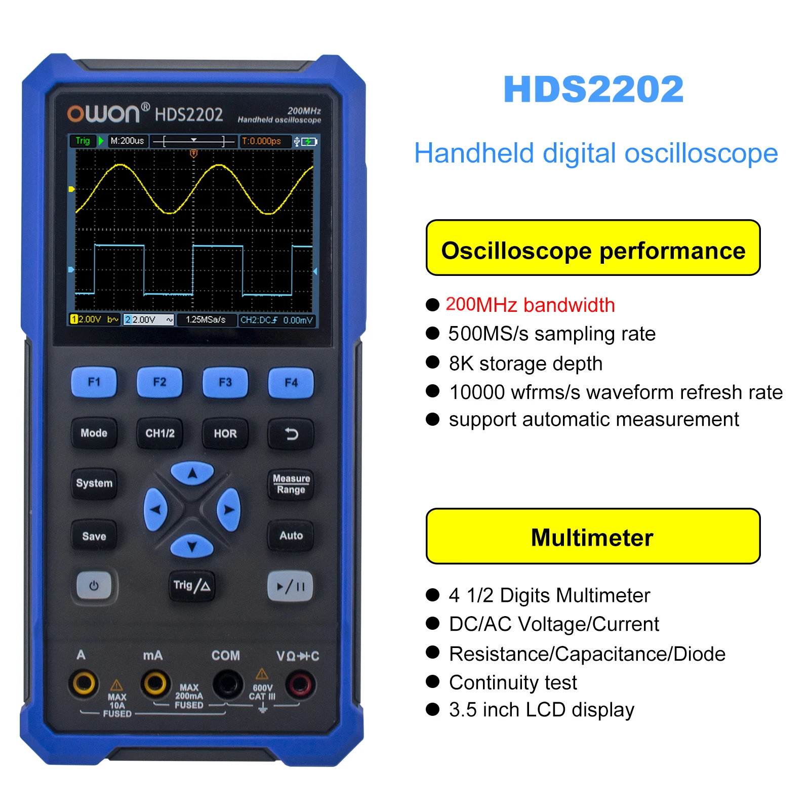 

Портативный цифровой осциллограф OWON HDS2202/HDS2202S, 2-канальный с полосой пропускания 200 МГц, цифровой мультиметр True-RMS