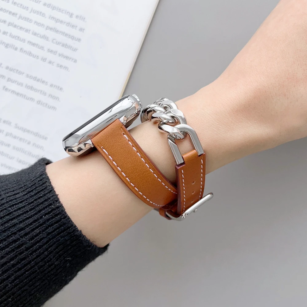 Leather Correa For Apple Watch Ultra 49MM Metal Strap 45mm 41mm Replacement Double Tour Bracelet For IWatch Series 8 7 6 5 44mm