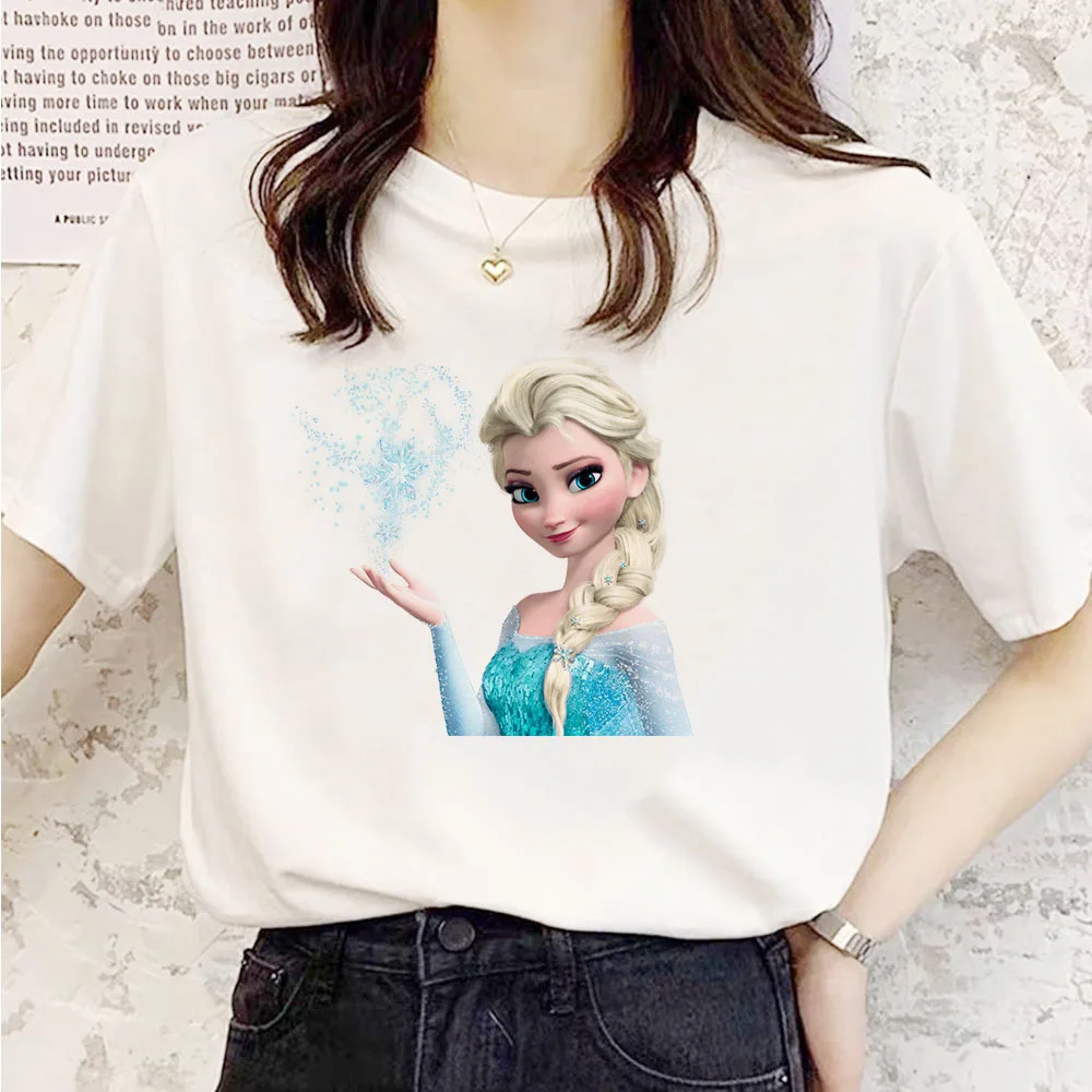 Elsa Frozen Queen Disney Brand T Shirt Print Cotton Round Neck Short Sleeve T-Shirt Harajuku Fashion Style Summer Trend Ladies