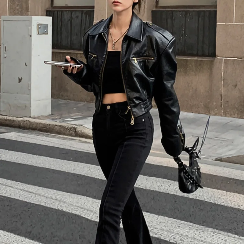 Women Fashion Leather Biker Jacket Full Sleeve Turn Down Collar Zipper Motocycle Genuine Leather TF5287