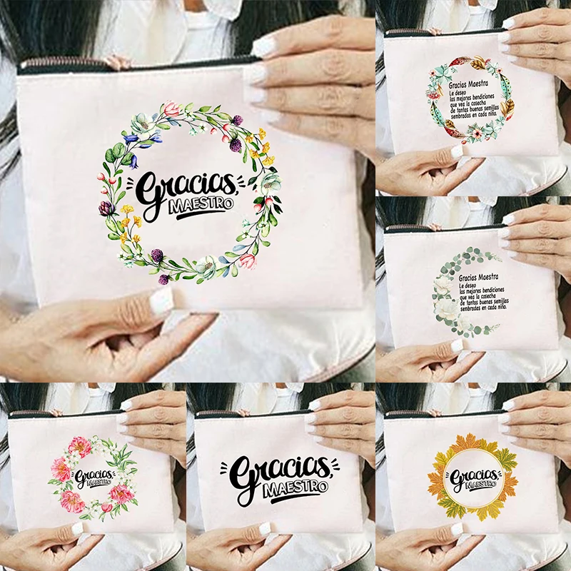 

Teacher Gifts Spanish Print Cosmetic Bags Female Makeup Case Lady Wash Storage Pouch Travel Toiletry Organizer School Pencil Bag