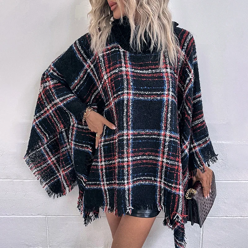 

Women Brand Plaid Bat Sleeve Poncho Sweater Solid Turtleneck Oversized Cape Coat Autumn Winter New Cape Ladies Knitted Shawl Top