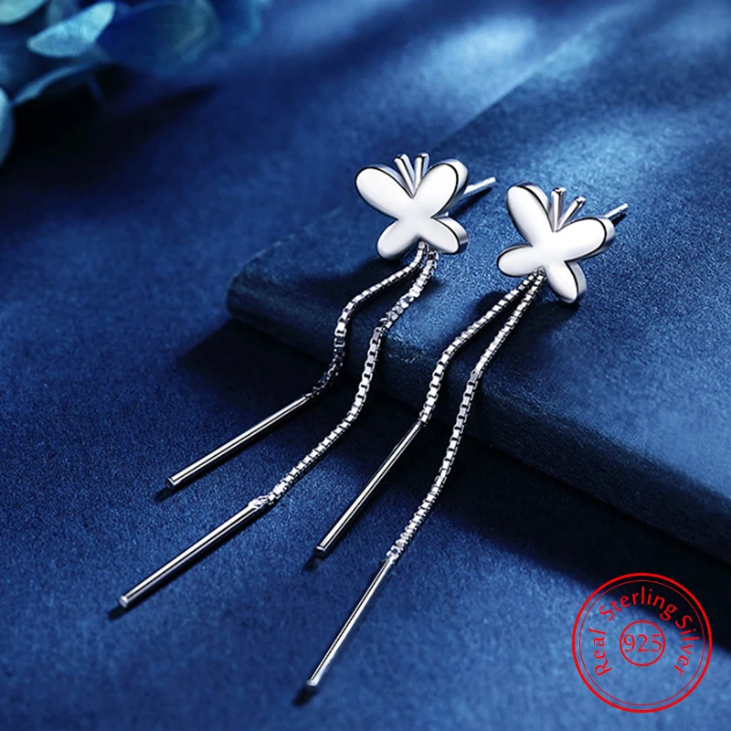 

925 Sterling Silver New Women's Trendy Jewelry Butterfly Long Chain Drop Earrings XY0090