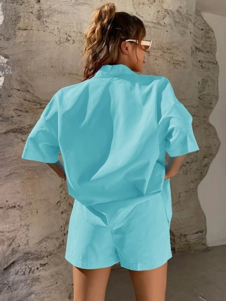

2023 Spring Summer Two Piece Set for Women Matching SetsCasual Thin Short Sleeve Shirt Shorts Set Women Fashion 2 Piece Set