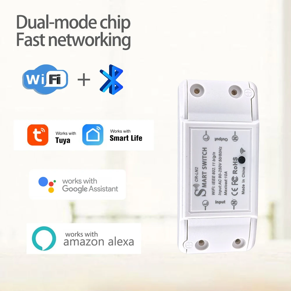 

COLOROCK WiFi Switch Tuya Smart Life App 10A 90-250V AC Works with Google Assistant Alexa Tmall Genie Voice Control