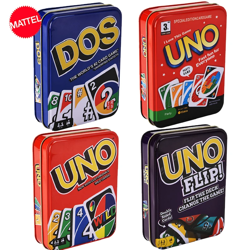 

Original Mattel Party Games Uno Metal Box Classic Flip Wild Dos Deluxe Fast Fun Table Card Entertainment Props Toys for Family