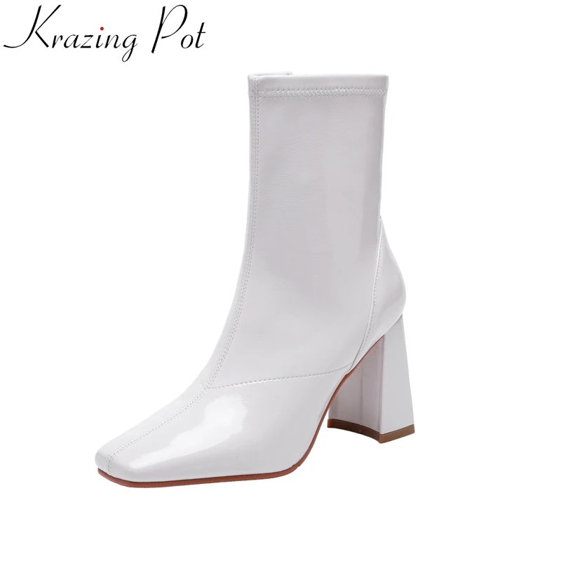 

Krazing Pot Patent Leather Square Toe Zipper High Heels Modern Stretch Boots Solid Keep Warm Elegant Party Winter Ankle Boots