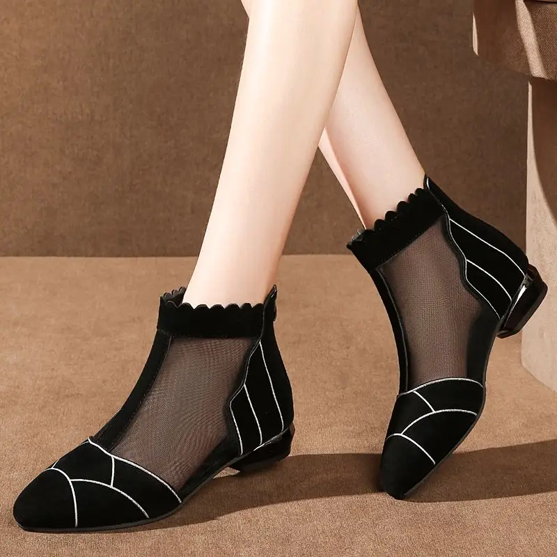 Mesh breathable women boots spring summer zip stipe Fashion flat sandals women's boots pointed women's shoes 2023 botas mujer