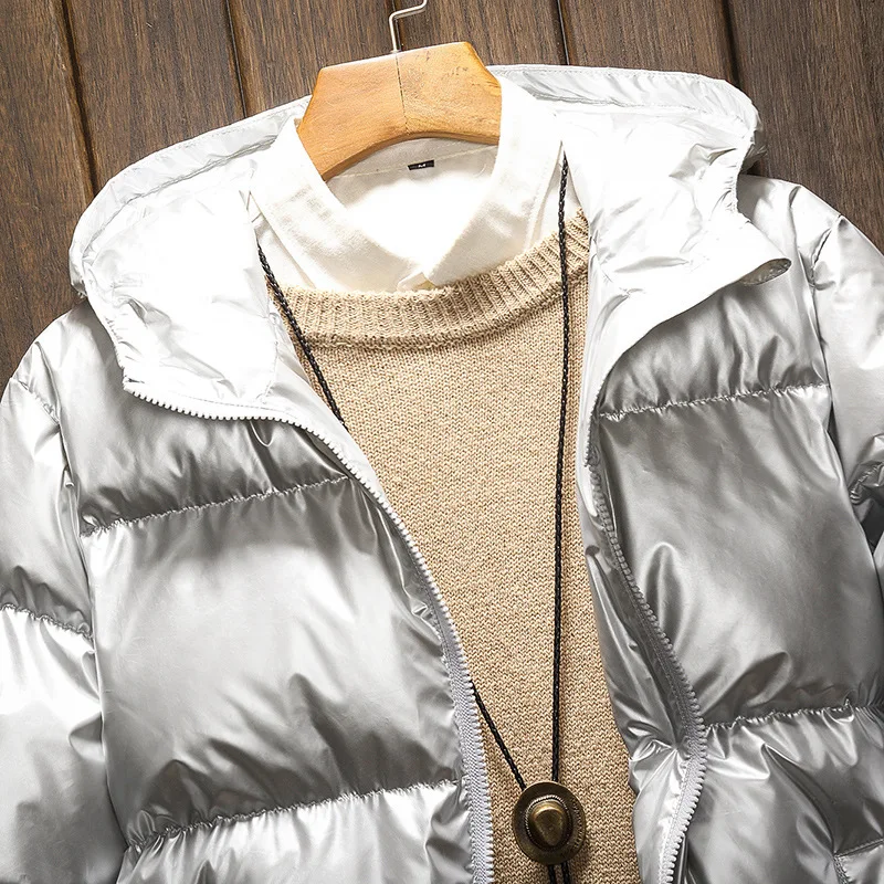 Women's and Men Down Jacket Winter Glossy Silver/Black/Gold/Blue Plus Size Hooded Parka Outwear Down Padded Coats Female 2023