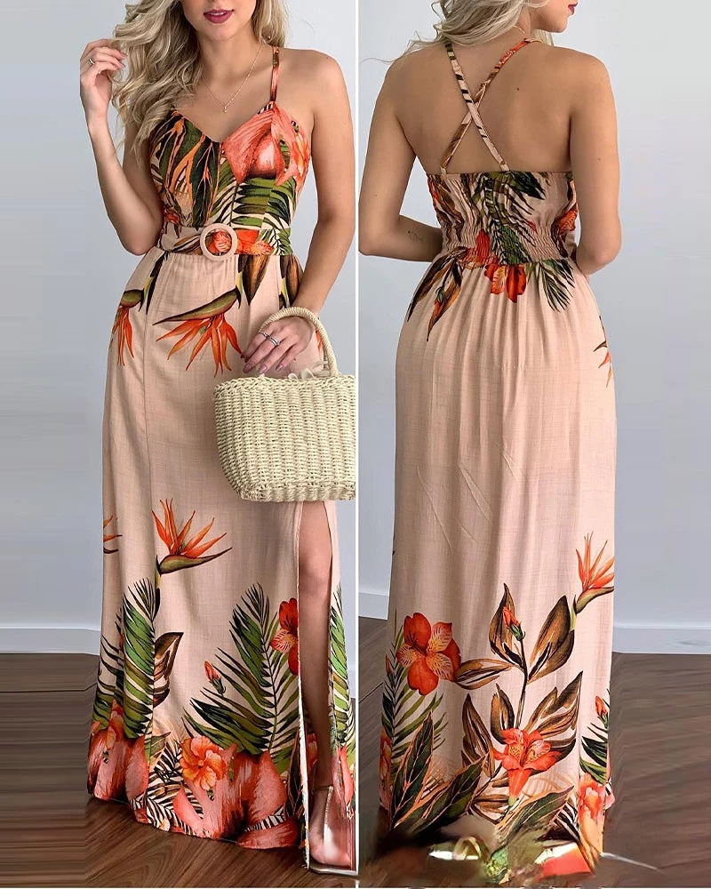 

Женское платье, летнее модное облегающее платье с принтом и высокой талией, женское сексуальное элегантное платье на бретелях-спагетти с V-о...