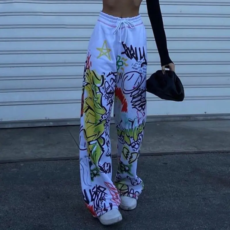 HOUZHOU Y2k брюки в стиле аниме женские широкие мешковатые с принтом хиппи и граффити