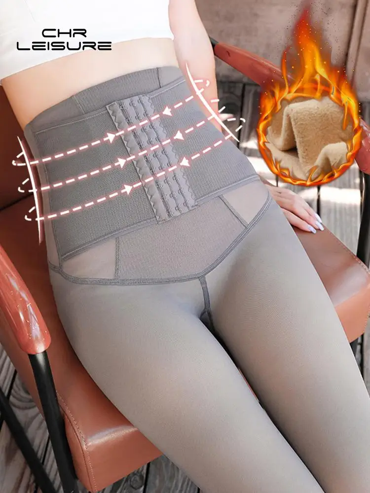 CHRLEISURE Translucent Breasted Leggings Women High Waist Slimming Belly Pants Velvet Thick Butt Lift Autumn Winter Pants 2022