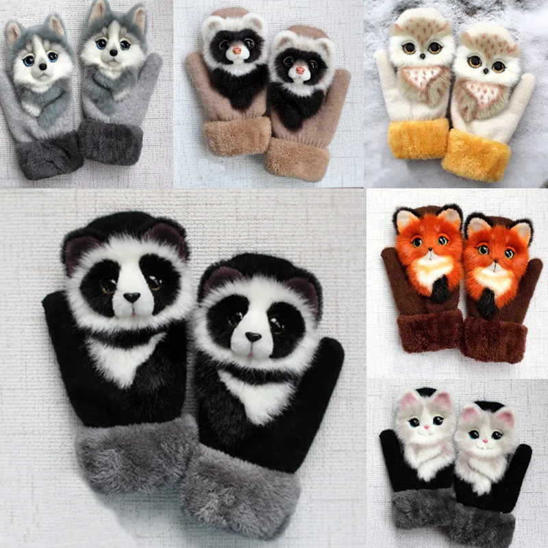 Winter Warm Knit Gloves For Women Girl Boy Men Cartoon Cute Animal Pandas Dogs Nursing Owls Thickened Plush Gloves For Unisex