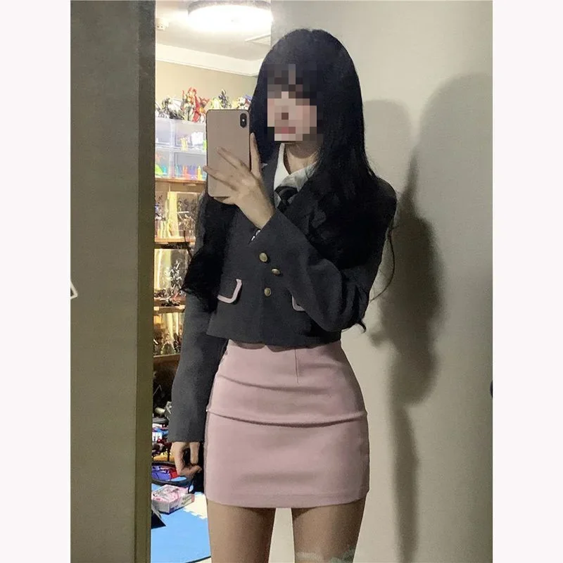 Женский укороченный костюм пиджак рубашка мини-платье с завышенной талией