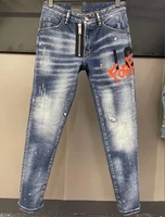 2022 new fashion brand dsquared2 mens washed worn ripped paint spot motorcycle jeans 086
