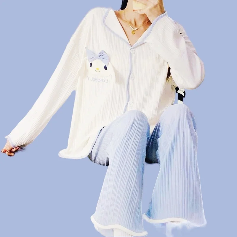 Women's Pajamas Set Sweet Bow Cartoon Love Pattern Print Cute Princess  Spring Pyjama Loose Size Mom Homewear Cozy Sleepwear