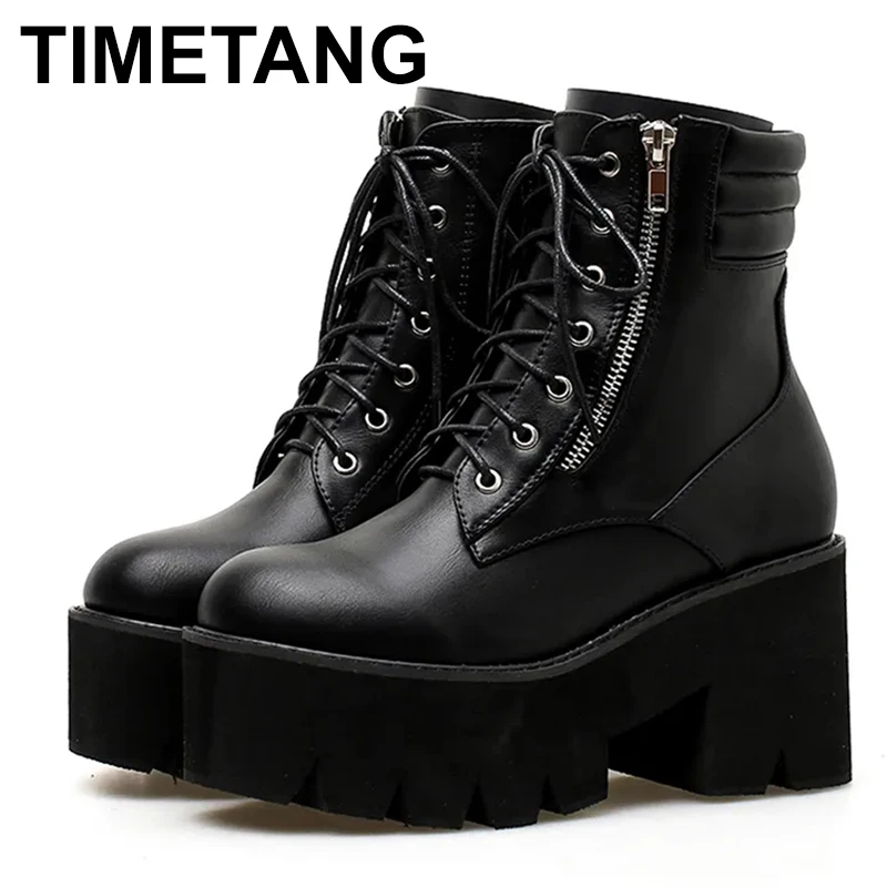 

Wholesale Autumn Ankle Boots For Women Motorcycle Boots Chunky Heels Casual Lacing Round Toe Platform Boots Shoes Female
