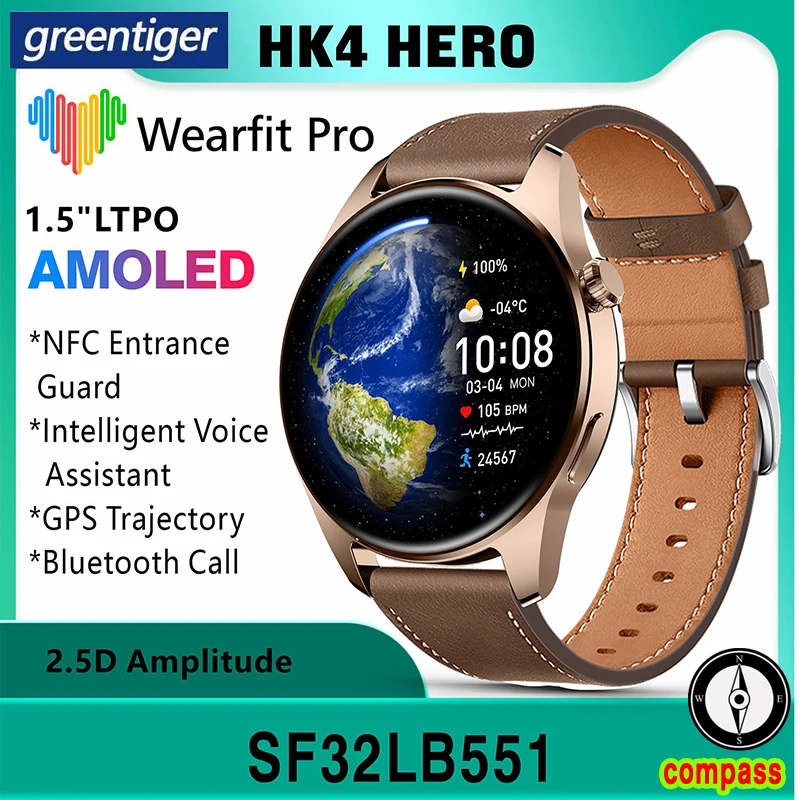 

Оригинальные Смарт-часы HK4 Hero, мужские водонепроницаемые часы AMOLED IP68 с компасом, Bluetooth, звонком, GPS-трекером Siri, круглые Смарт-часы HK4HERO