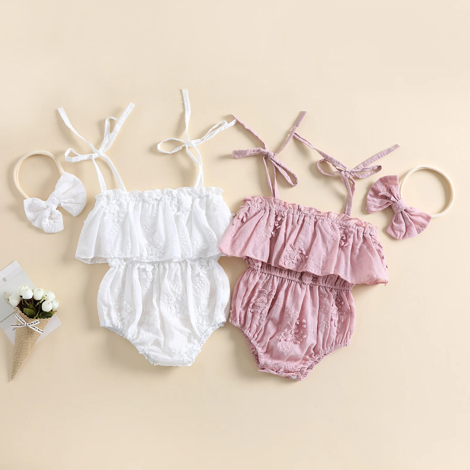 

Комплект одежды для новорожденных девочек, многослойный кружевной комбинезон на тонких бретельках с оборками и эластичным поясом и цветочным кружевом с повязкой на голову