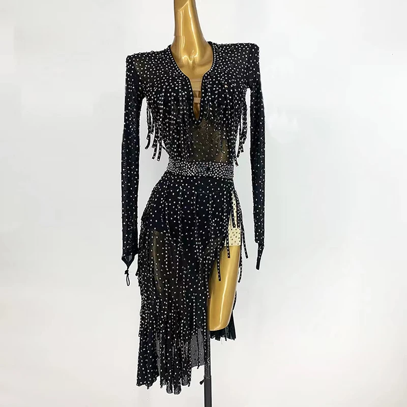 Юбка для латинских танцев взрослых румба самба чача блестящая черная