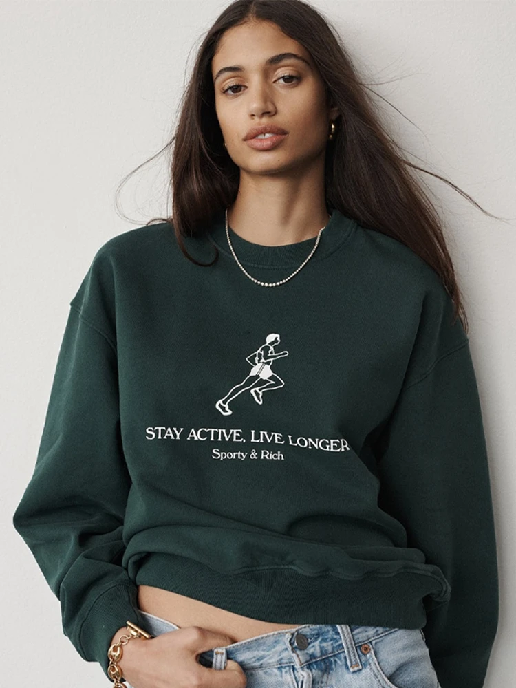 

Spring Autumn Women Hoodie Retro Sport Style Letter Print Long Sleeve Round Neck Dark Green Pullover Sweater