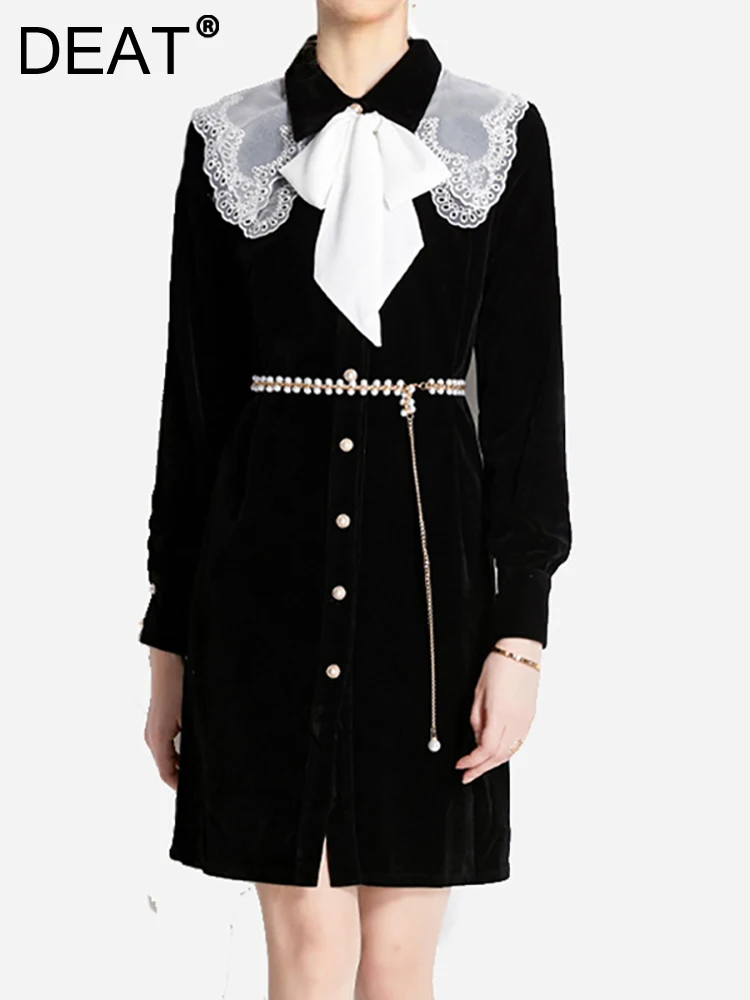 

Женское платье из велюровой ткани [DEAT], черное однобортное платье с отложным воротником и вышивкой, с поясом и поясом, в стиле пэчворк, 13DB1662, л...