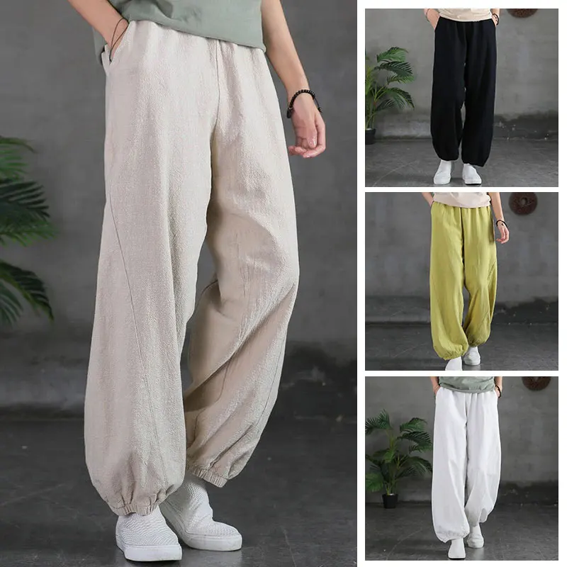 Women Loose Pants Cotton Linen Trousers Lantern Pants Elastic Waist Casual Soft Summer Chinese Style Long Length Pants 2023 New