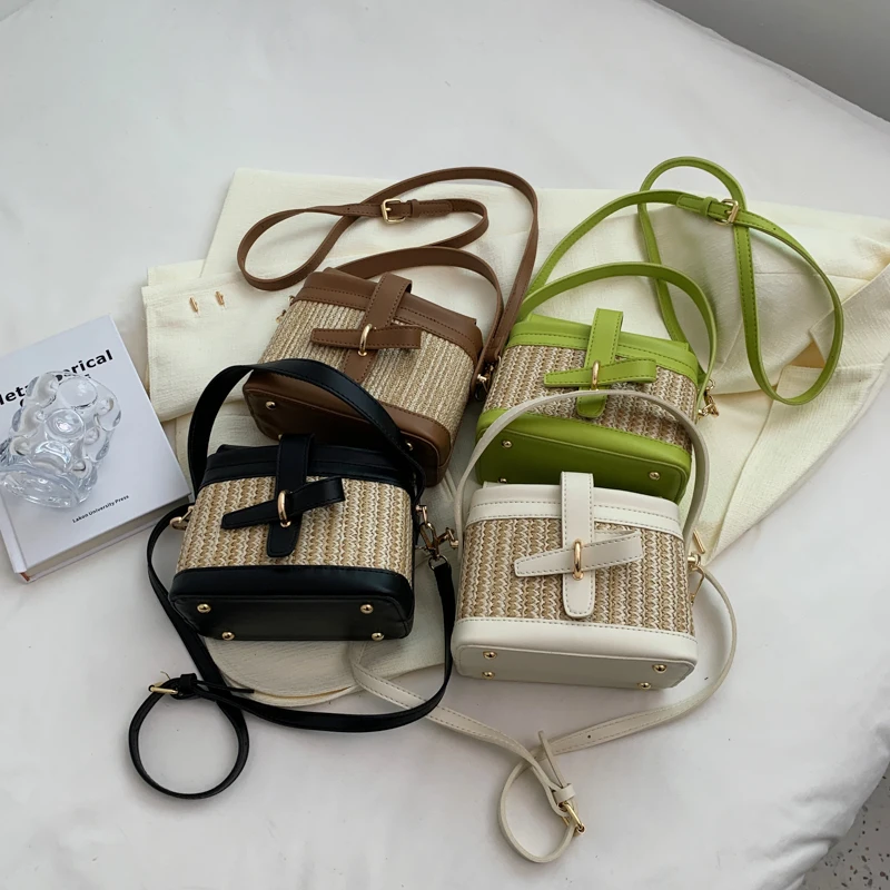 Mini Straw Bucket Bags for Women 2023 Summer Trendy Crossbody Bags Lady Travel Purses and Handbags Female Shoulder Simple Bag