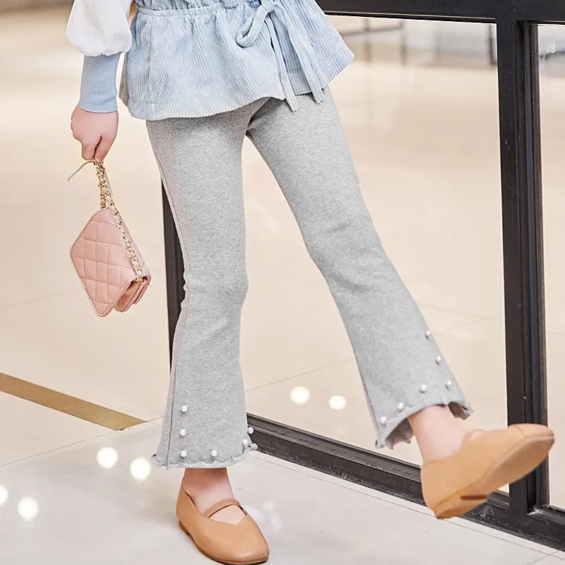 

Children Jeans Pants Girls Solid Gray And Black All-match Leggings Cotton Beading Children Pants Spring And Summer Boot Cut Pant