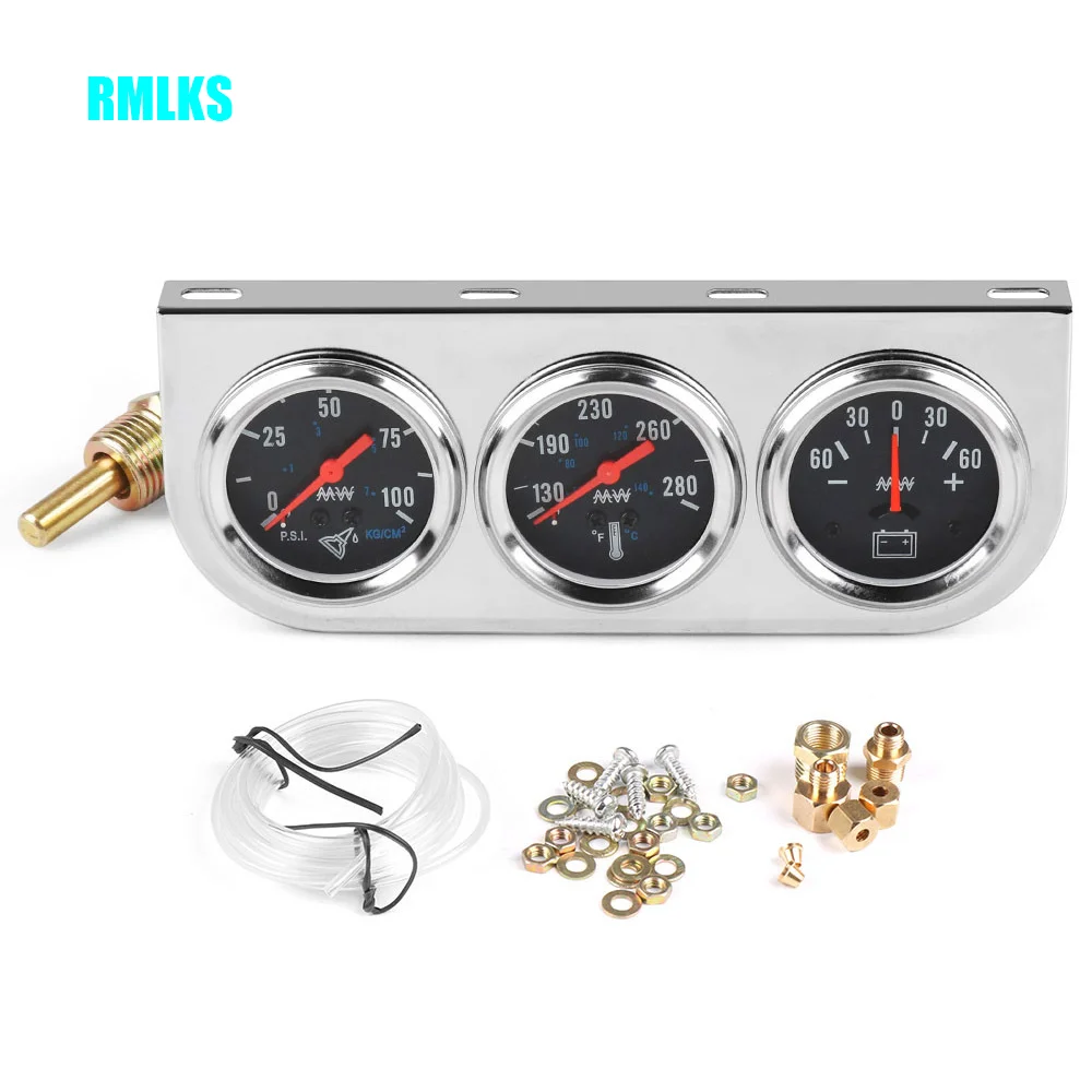 

Water Temp Oil Pressure Volt Gauge 52mm 3 in 1 Triple Gauge Kit Black/Chrome Bezel Black/White Face With Temp&Pressure Sensor