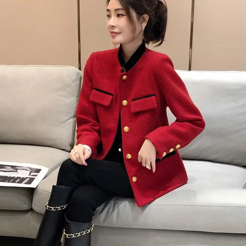 

2022 Women Autumn Winter New Elegant Blend Wool Coats Female Single Breasted Outwear Ladies Solid Color Short Jackets D281